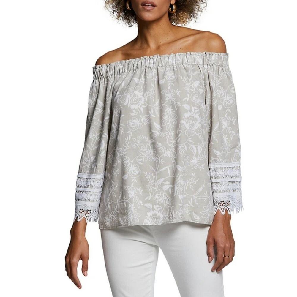 ELLA RAFAELLA Size M Off The Shoulder And Floral Linen Blend Top